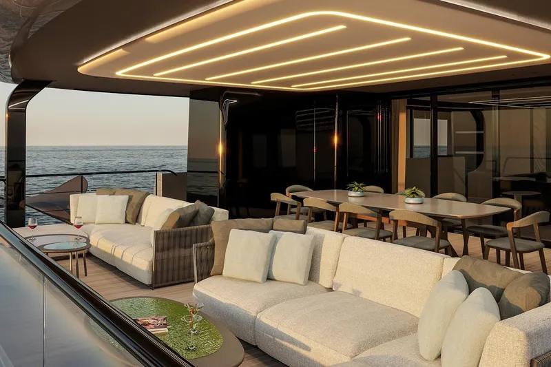  Yacht Photos Pics Luxurious Sunreef Ultima 111 yacht interior, featuring elegant seating and dining area, 2026 model.