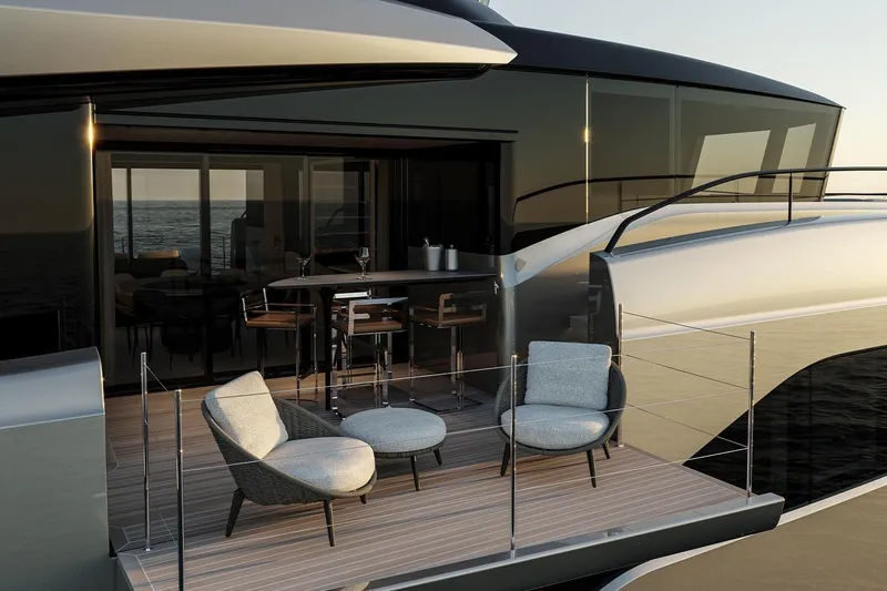  Yacht Photos Pics Luxurious Sunreef Ultima 111 yacht deck with modern seating, ocean view, 2026 model.