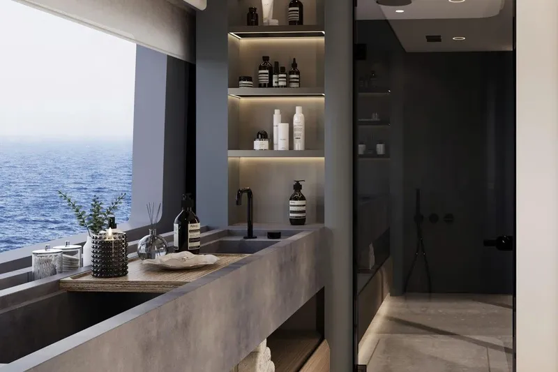  Yacht Photos Pics Luxurious Sunreef Ultima 111 yacht bathroom with ocean view, modern design, and elegant amenities.