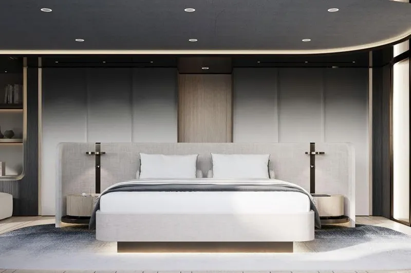  Yacht Photos Pics Luxurious bedroom interior on Sunreef Ultima 111 yacht, 2026 model, featuring modern design elements.