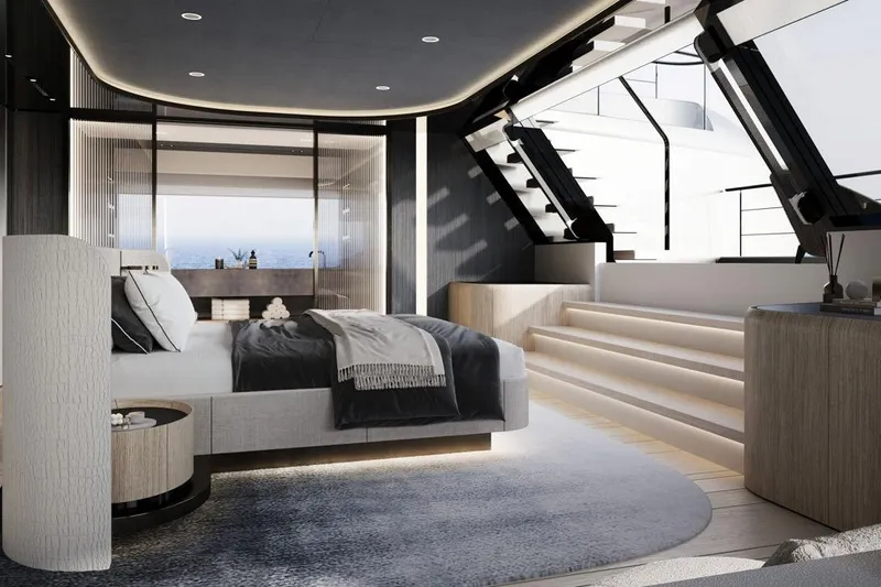  Yacht Photos Pics Luxurious Sunreef Ultima 111 yacht interior, featuring modern bedroom design and elegant staircase, 2026 model.