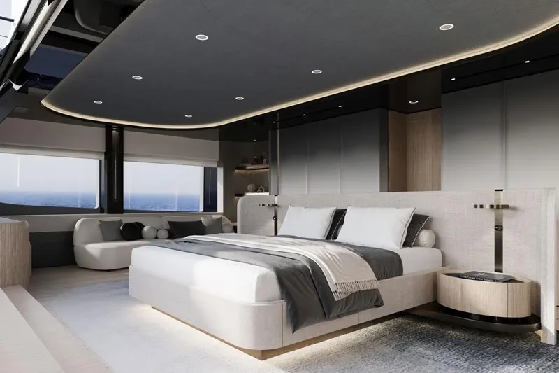  Yacht Photos Pics Luxurious bedroom interior of 2026 Sunreef Ultima 111 yacht with modern design and ocean view.