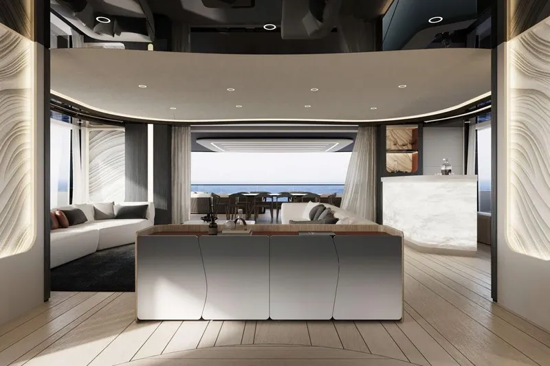 Yacht Photos Pics Luxurious interior of 2026 Sunreef Ultima 111 yacht with modern design and ocean view.