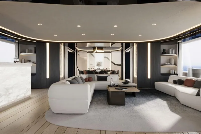  Yacht Photos Pics Luxurious interior of 2026 Sunreef Ultima 111 yacht with modern design and elegant furnishings.