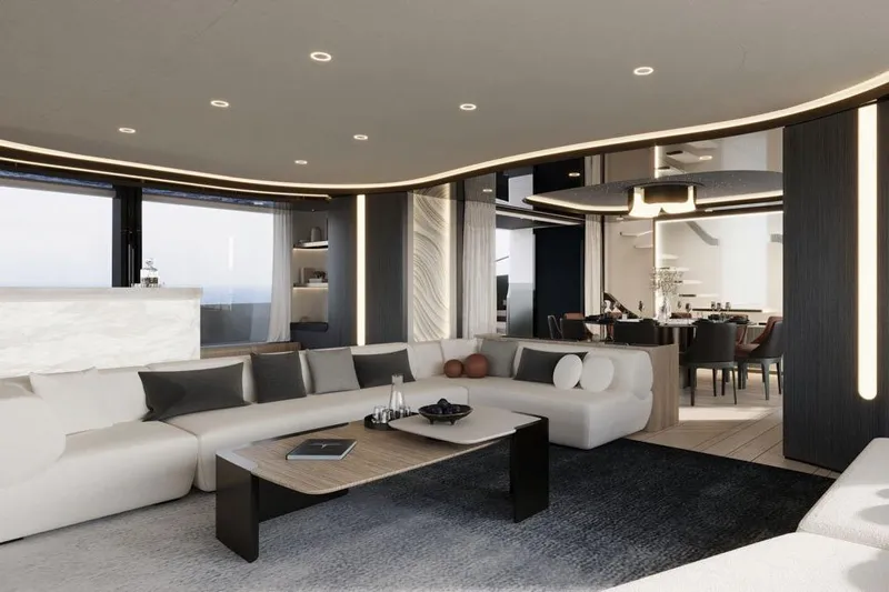  Yacht Photos Pics Luxurious interior of 2026 Sunreef Ultima 111 yacht with modern design and elegant furnishings.