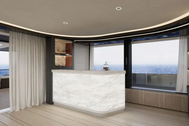  Yacht Photos Pics Luxurious interior of 2026 Sunreef Ultima 111 yacht with elegant bar and ocean view.