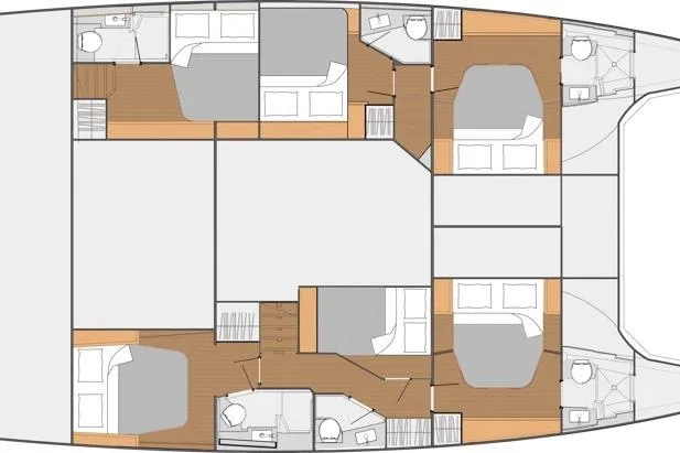 Nowhere Yacht Photos Pics Floor plan of 2016 Fountaine Pajot SABA 50 catamaran with multiple cabins and bathrooms.