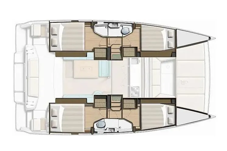 Zoie Yacht Photos Pics Floor plan of 2025 Bali CATSMART catamaran, featuring cabins, bathrooms, and living area.