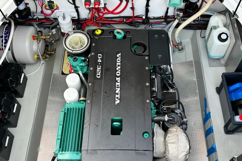  Yacht Photos Pics Volvo Penta engine in 2023 Sargo 28 boat, detailed view of engine compartment.