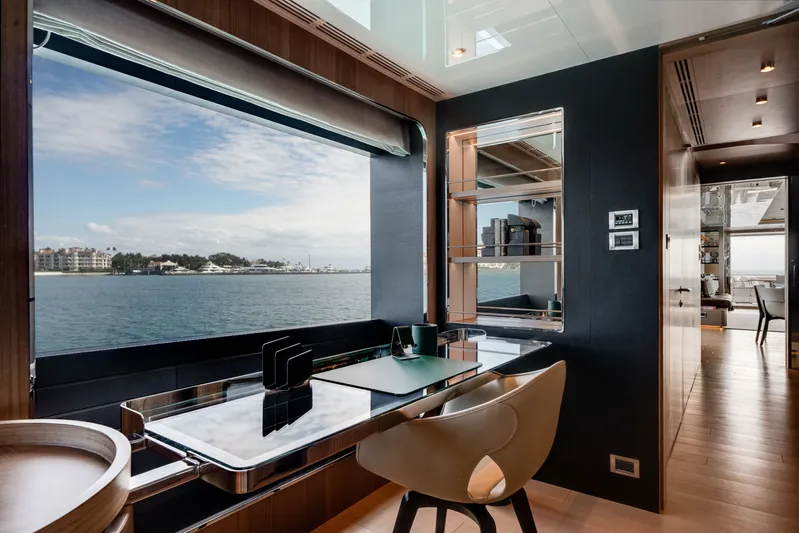  Yacht Photos Pics Interior of Ocean Alexander 35P yacht, modern design, large window with sea view.