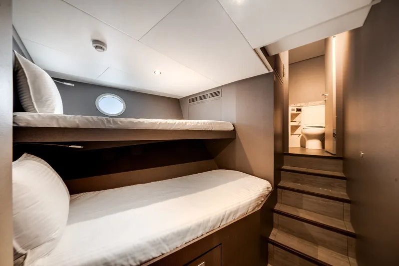  Yacht Photos Pics Interior of Ocean Alexander 35P yacht, 2026, featuring bunk beds and bathroom.