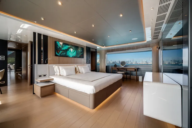  Yacht Photos Pics Luxurious bedroom on Ocean Alexander 35P yacht, model year 2026.
