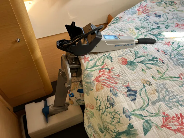 Anita Jo Yacht Photos Pics Electric outboard motor inside Lagoon 420 catamaran cabin, 2008 model.