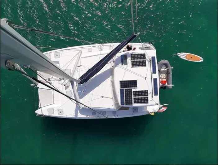 Anita Jo Yacht Photos Pics Aerial view of 2008 Lagoon 420 catamaran with solar panels on deck.