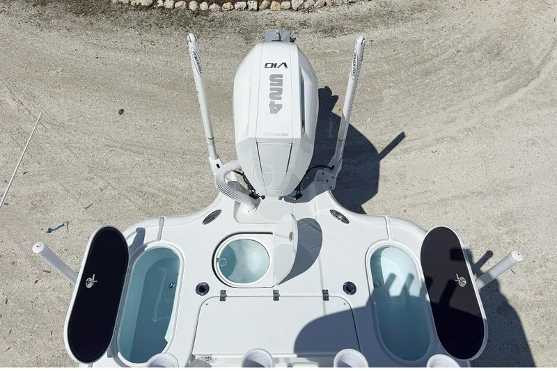  Yacht Photos Pics 2026 Yellowfin 24 Bay CE boat, aerial view of engine and deck layout.