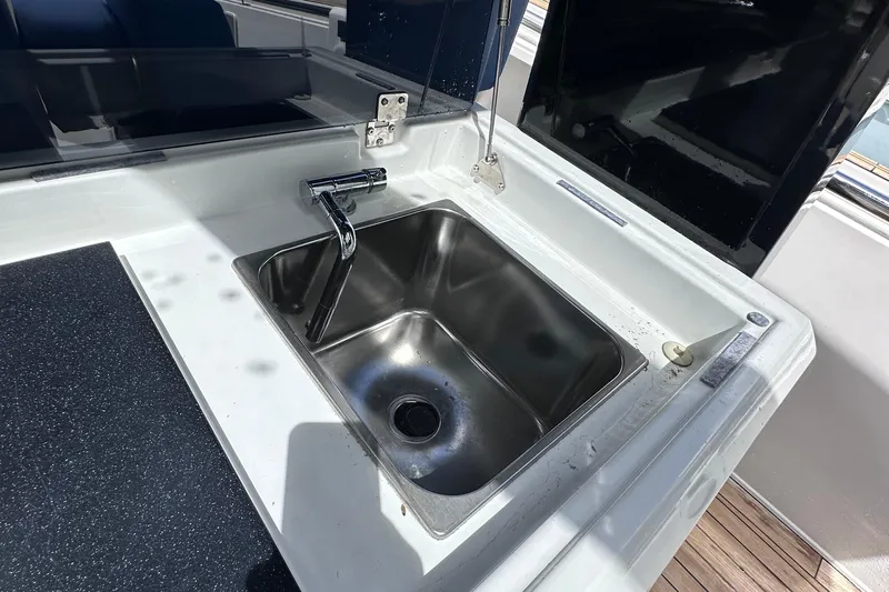 Uni Yacht Photos Pics Stainless steel sink on 2020 Fjord 44 Open yacht, featuring modern design and functionality.