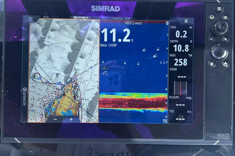 Uni Yacht Photos Pics Simrad navigation display on 2020 Fjord 44 Open, showing map and sonar data.