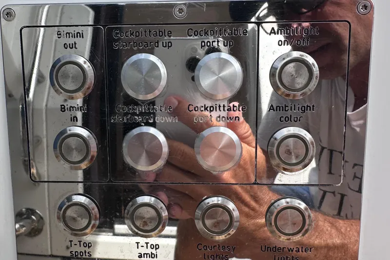 Uni Yacht Photos Pics Control panel of a 2020 Fjord 44 Open boat with various function buttons.