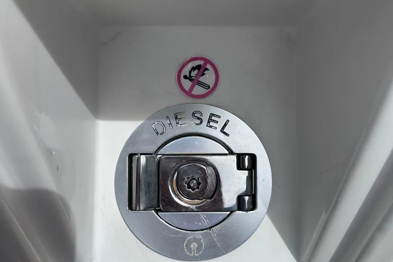Uni Yacht Photos Pics Diesel fuel cap on 2020 Fjord 44 Open boat with no smoking sign.