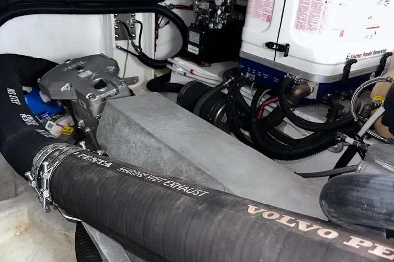 Uni Yacht Photos Pics Engine room of 2020 Fjord 44 Open with Volvo Penta marine wet exhaust system.