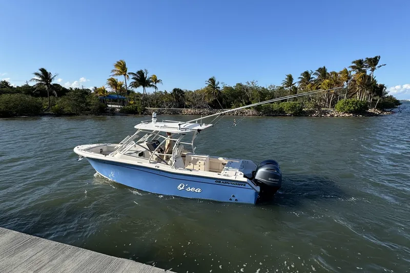 275-264 Brokerage Joe Yacht Photos Pics 2022 Grady-White Freedom 275 boat cruising near tropical island with palm trees.