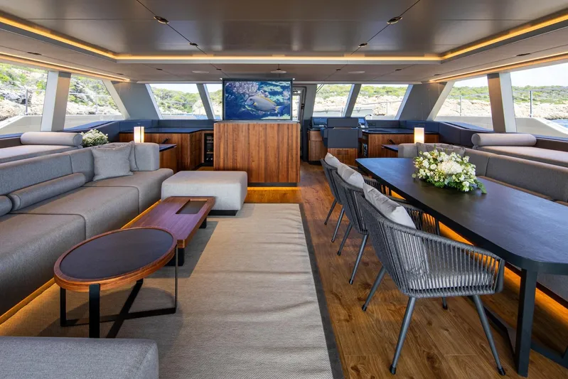 Vahewa Yacht Photos Pics Luxurious interior of 2024 Sunreef Power Cat, featuring elegant seating and modern decor.