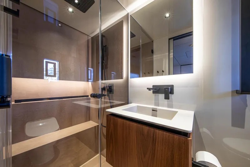 Vahewa Yacht Photos Pics Luxurious bathroom interior of 2024 Sunreef Power Cat yacht, featuring modern fixtures and elegant design.