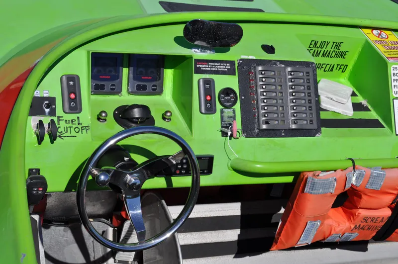 Scream Machine Yacht Photos Pics Control panel of a 2016 Smoky Mountain 25 Passenger Jet Boat.