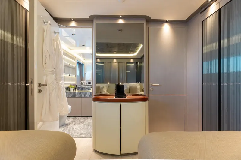 Half Irish Yacht Photos Pics Luxurious interior of 2024 Mangusta Oceano 44 yacht, featuring modern design and elegant furnishings.