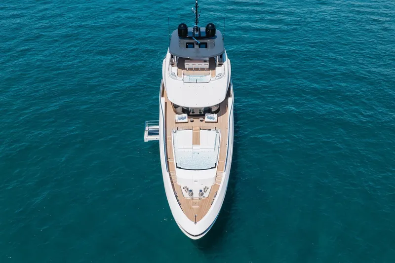 Half Irish Yacht Photos Pics 2024 Mangusta Oceano 44 yacht on open sea, aerial view.