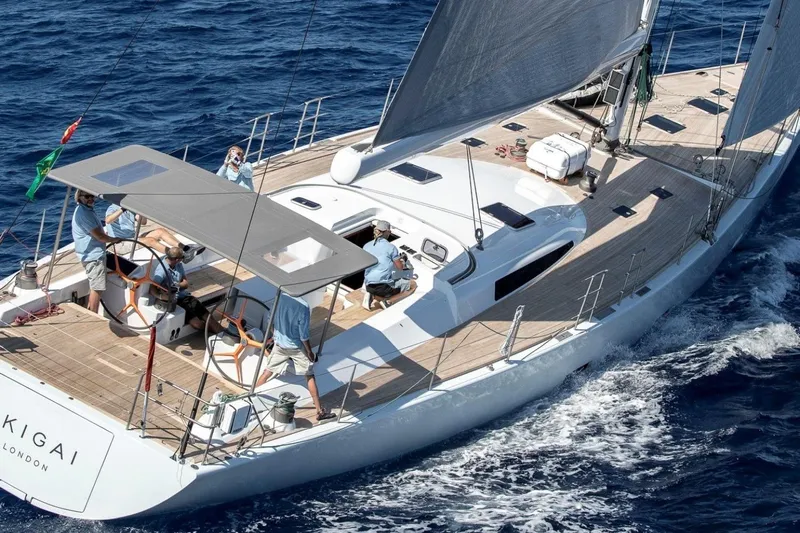 Ikigai Yacht Photos Pics Sailing yacht JFA/Vitters 82 from 2002 cruising on open sea with crew on deck.