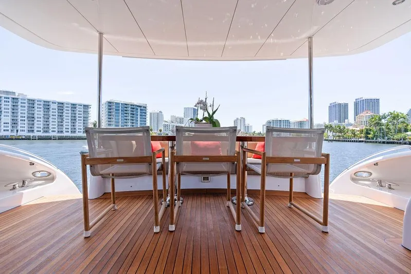 Griffin Yacht Photos Pics Luxury deck of 2013 Hatteras 80 Motor Yacht with waterfront city view.