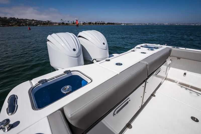 Shark Bait Yacht Photos Pics 2025 Everglades 285 Center Console boat with dual engines on open water.