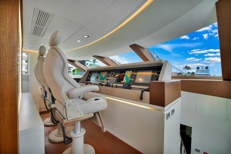 Diamond Yacht Photos Pics Luxury yacht AB 116 cockpit with modern control panel and plush seating, 2012 model.