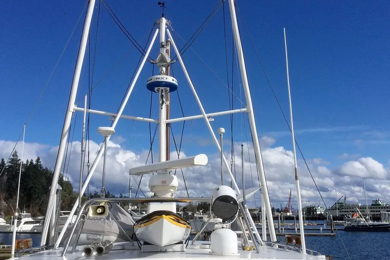 Carolina Yacht Photos Pics Nordhavn 46 yacht, 2001 model, docked under clear blue sky with marina background.