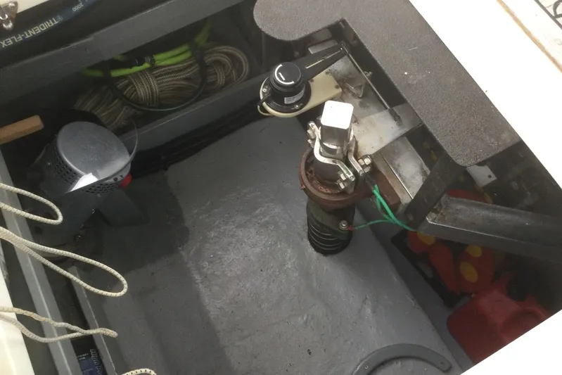 Carolina Yacht Photos Pics Engine compartment of a 2001 Nordhavn 46 boat, showing mechanical components and wiring.