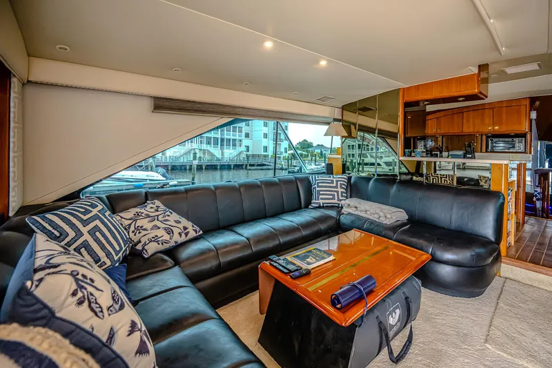 Double Down Yacht Photos Pics Luxurious interior of 1997 Ocean Yachts 60 Super Sport EB with leather seating and modern decor.