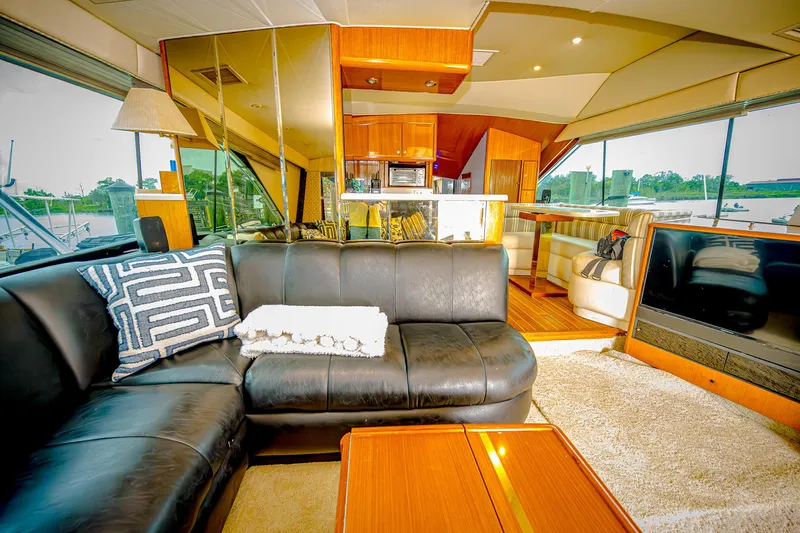 Double Down Yacht Photos Pics Luxurious interior of 1997 Ocean Yachts 60 Super Sport EB with leather seating and modern amenities.