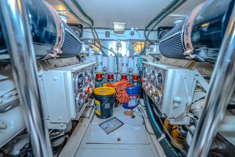 Double Down Yacht Photos Pics Engine room of 1997 Ocean Yachts 60 Super Sport EB, featuring gauges and equipment.