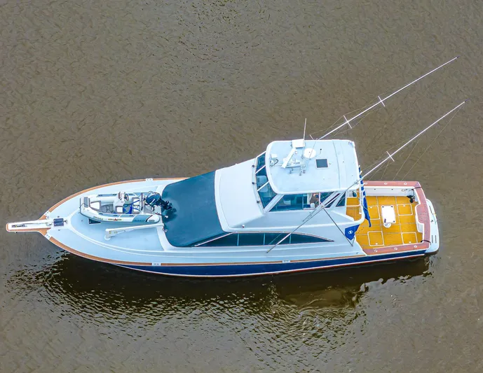 Double Down Yacht Photos Pics Aerial view of 1997 Ocean Yachts 60 Super Sport EB on calm water.
