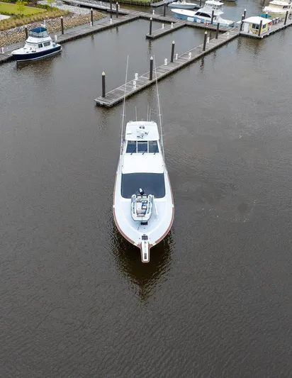Double Down Yacht Photos Pics Aerial view of 1997 Ocean Yachts 60 Super Sport EB docked at marina.