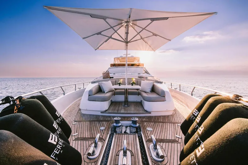 D & D Yacht Photos Pics Luxurious 2010 Ferretti Yachts 800 with elegant deck seating and ocean view.