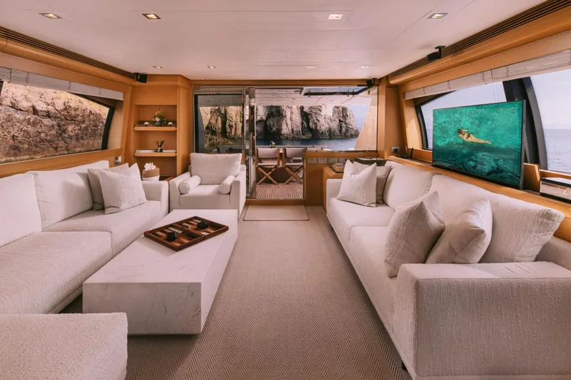 D & D Yacht Photos Pics Luxurious interior of 2010 Ferretti Yachts 800 with elegant seating and ocean view.