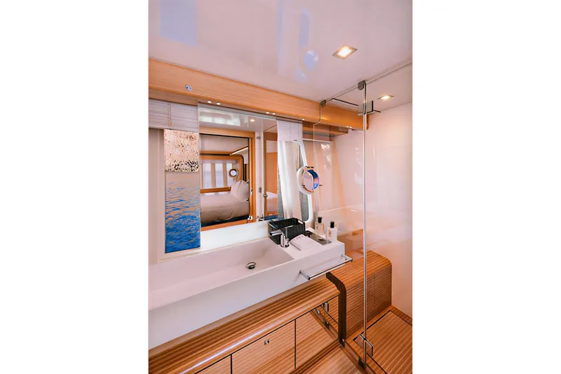 D & D Yacht Photos Pics Luxurious bathroom interior of 2010 Ferretti Yachts 800, featuring modern design and elegant fixtures.