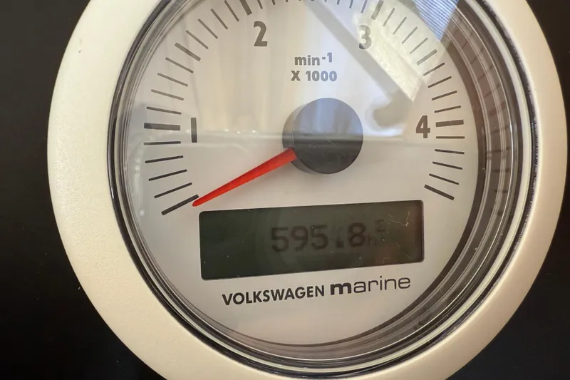 Landfall Yacht Photos Pics Tachometer of 2013 Greenline 33 showing 5951.8 hours, Volkswagen Marine branding.