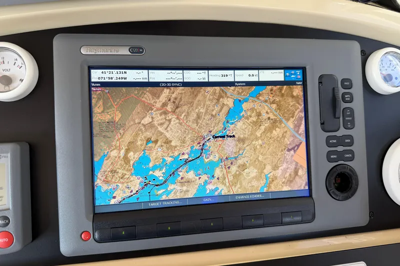Landfall Yacht Photos Pics Navigation system on a 2013 Greenline 33 boat displaying a detailed map.