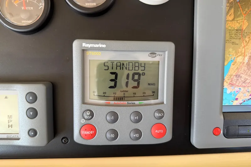 Landfall Yacht Photos Pics Raymarine ST6002 autopilot display on 2013 Greenline 33 boat dashboard.