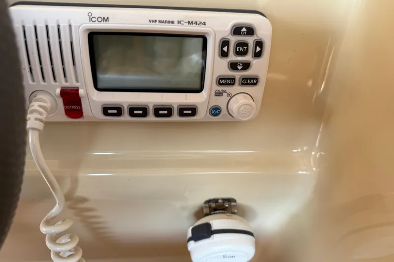 Landfall Yacht Photos Pics VHF marine radio on 2013 Greenline 33 boat dashboard.