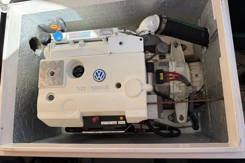 Landfall Yacht Photos Pics Engine compartment of a 2013 Greenline 33 boat with Volkswagen marine engine.