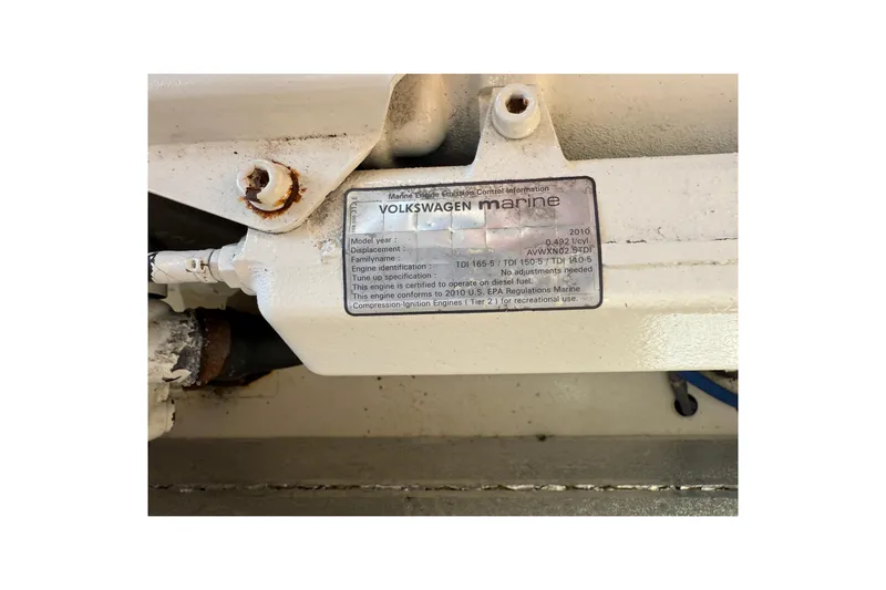 Landfall Yacht Photos Pics Engine label on a 2013 Greenline 33, featuring Volkswagen Marine specifications.